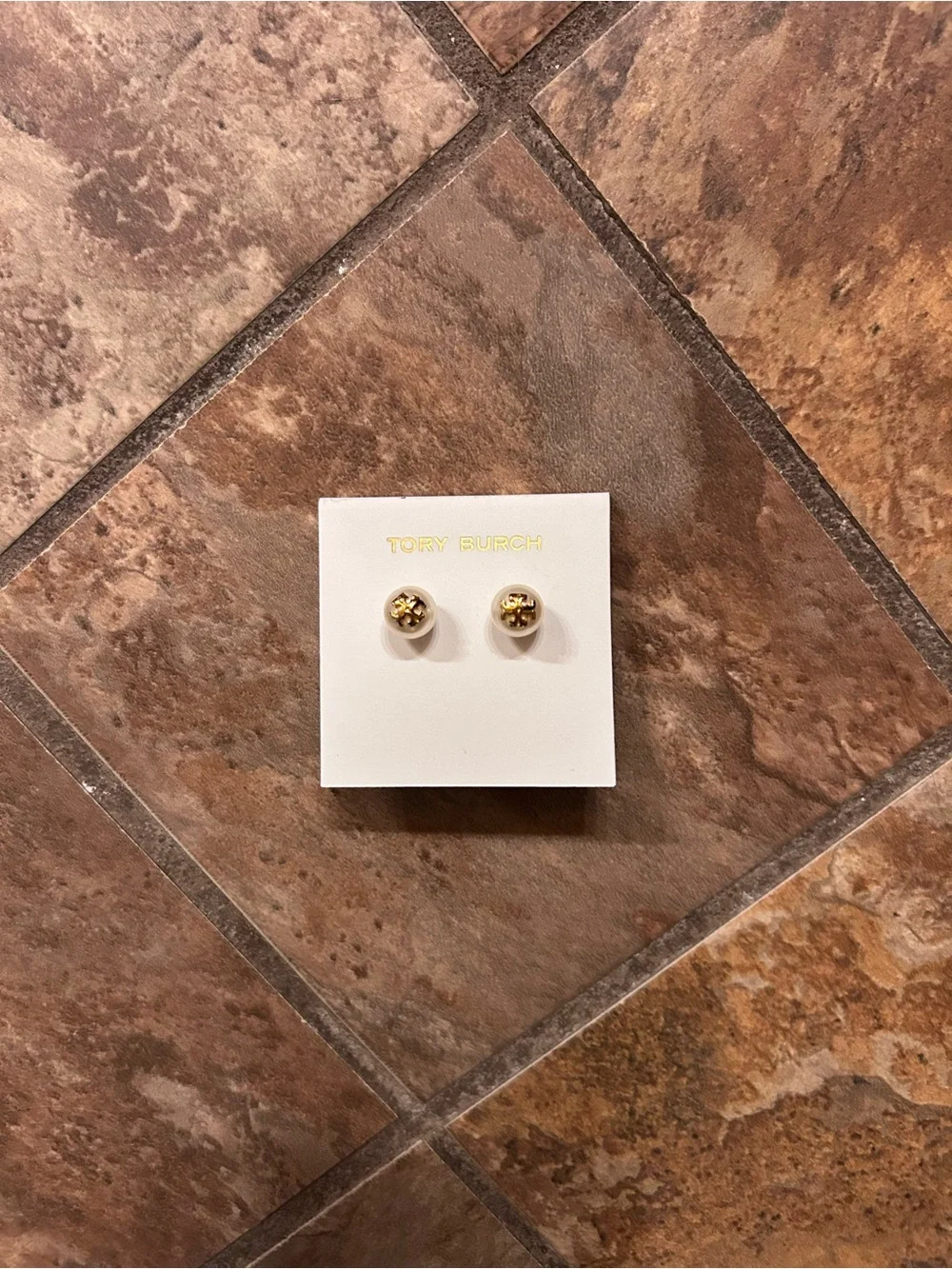 Tory Burch Cream Pearl Stud Earrings with Gold Logo
